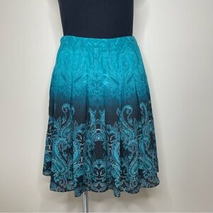 Jones New York Teal and Black Ombre Paisley Print Pleated Skirt